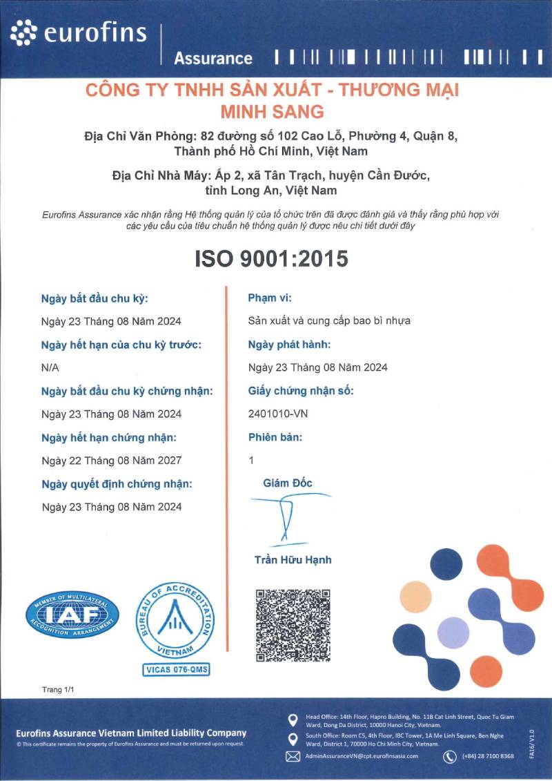 Bao Bì Minh Sang Đạt Chứng Nhận Iso 9001:2015